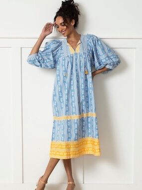 Printfresh x The House That Lars Built Women’s Boho Dress Small S Blue Yellow